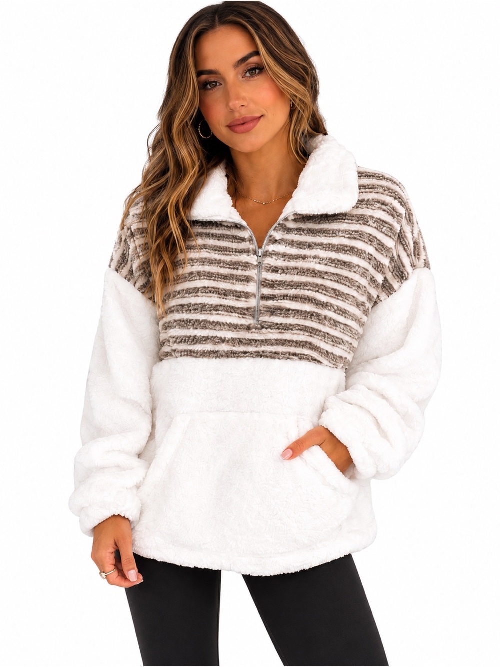 Amazon White & Tan Striped Half Zip Teddy Oversized Pullover Size Medium